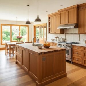 Custom kitchen with elegant cabinetry and modern appliances, showcasing design and functionality