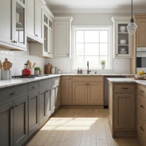 Modern and Shaker kitchen cabinets in a bright, stylish kitchen showcasing design contrasts
