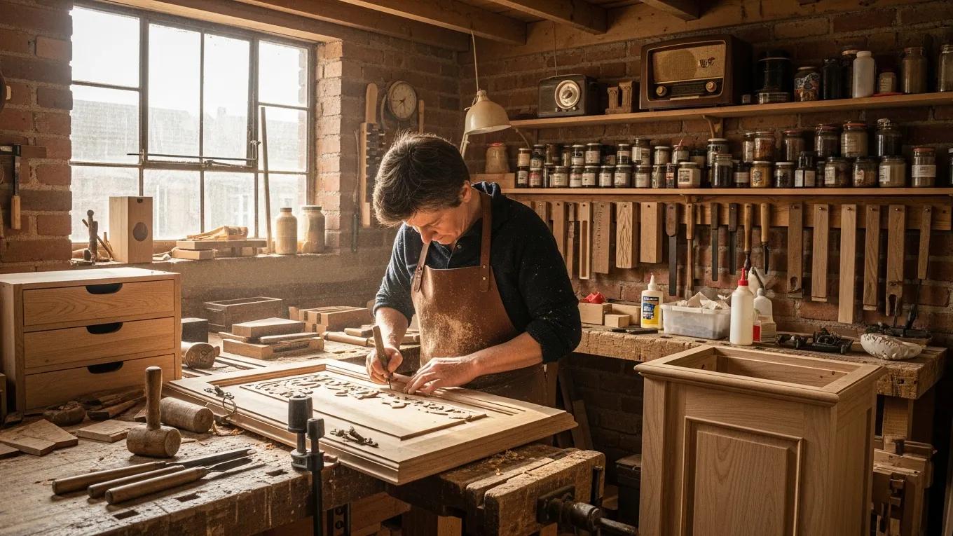 Artisan crafting traditional cabinetry, emphasizing local craftsmanship and quality