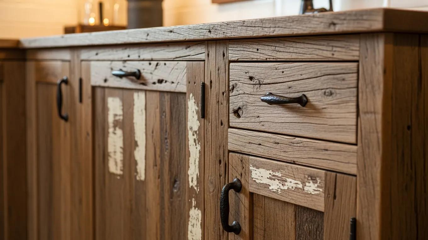 Close-up of affordable rustic kitchen cabinets showcasing reclaimed wood