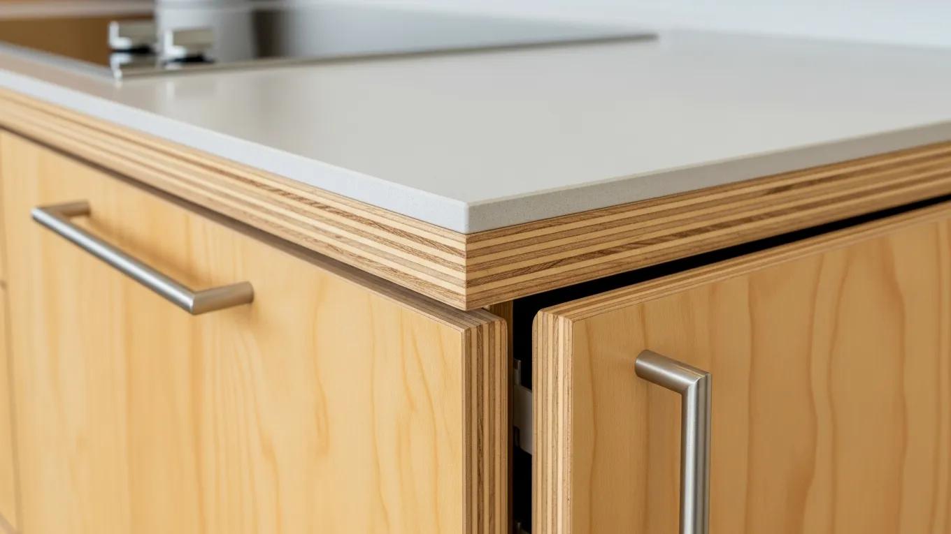 Close-up of durable plywood kitchen cabinets showcasing layered construction and wood grain