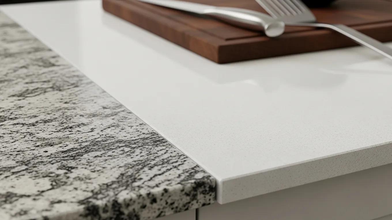 Close-up of granite and quartz countertops highlighting their durability and textures