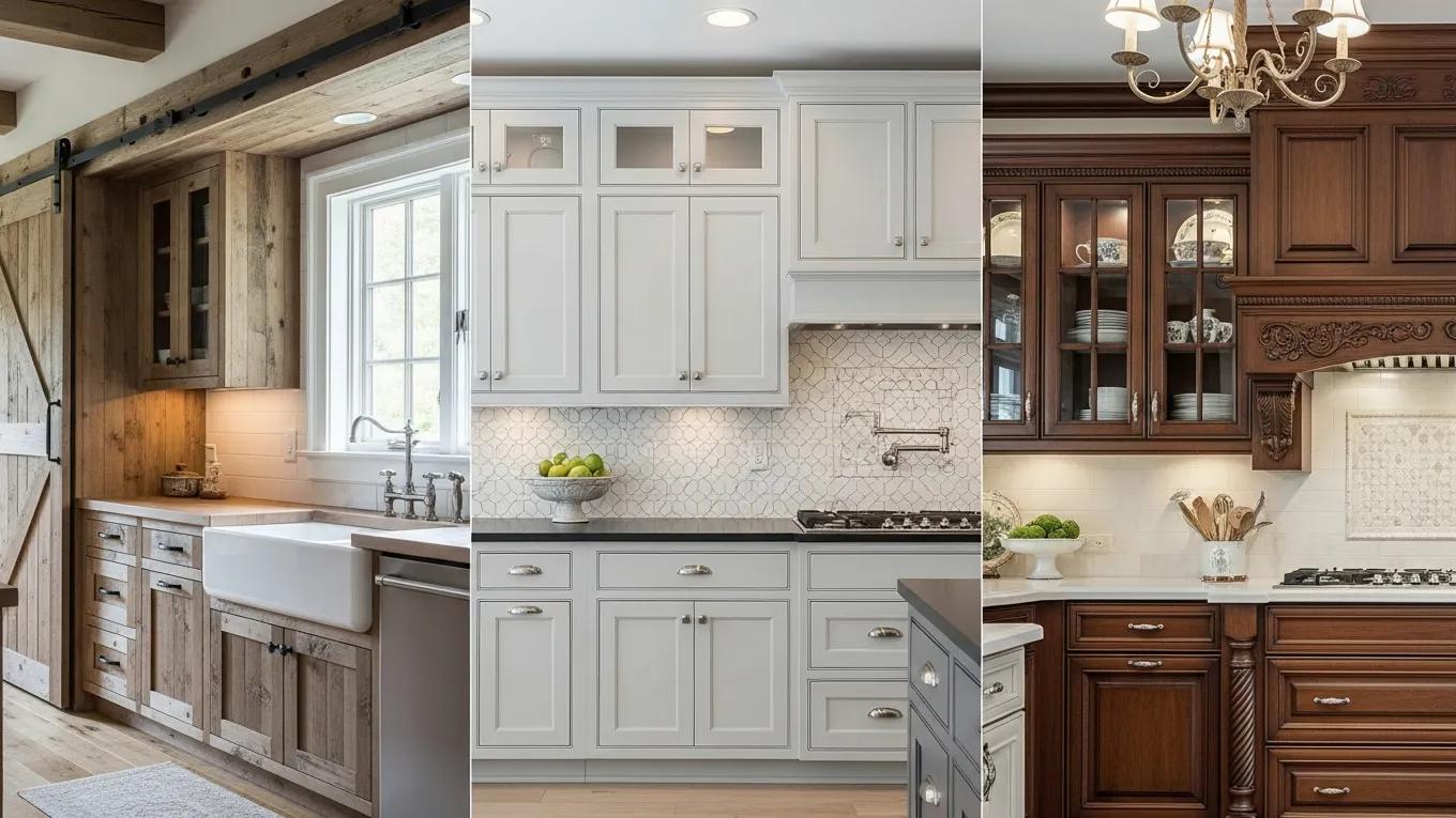 Collage of popular rustic cabinet styles in kitchen settings