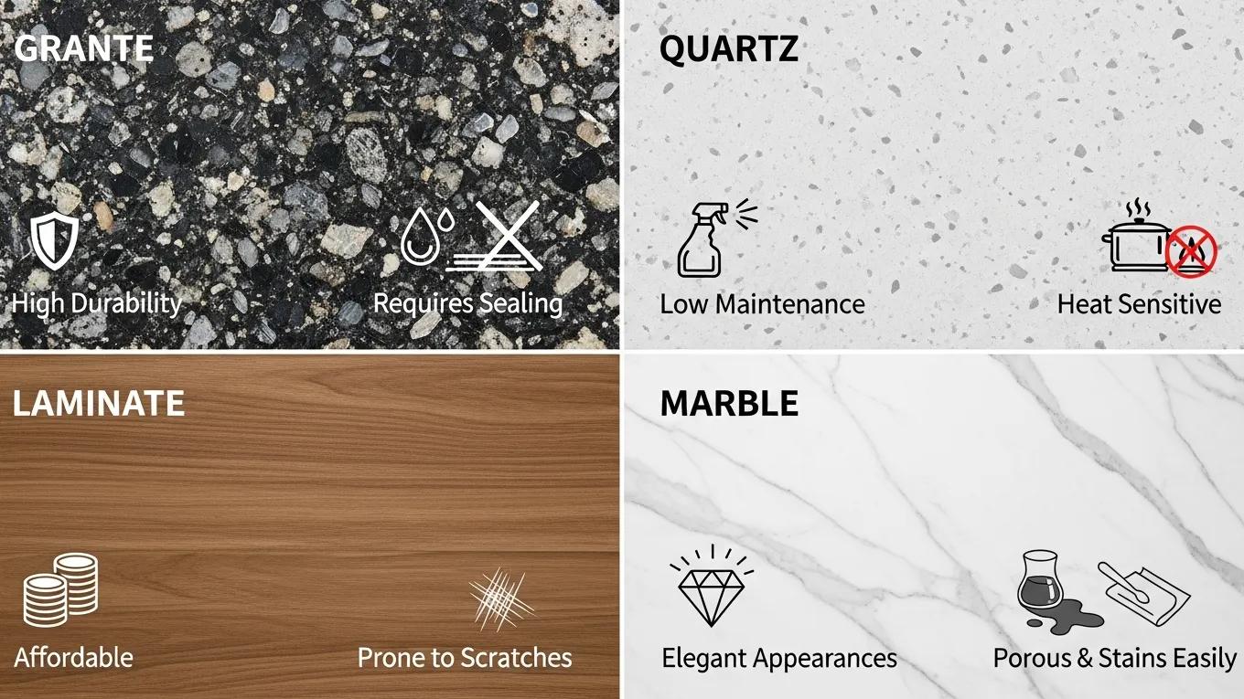 Comparison of granite, quartz, laminate, and marble countertops highlighting their pros and cons