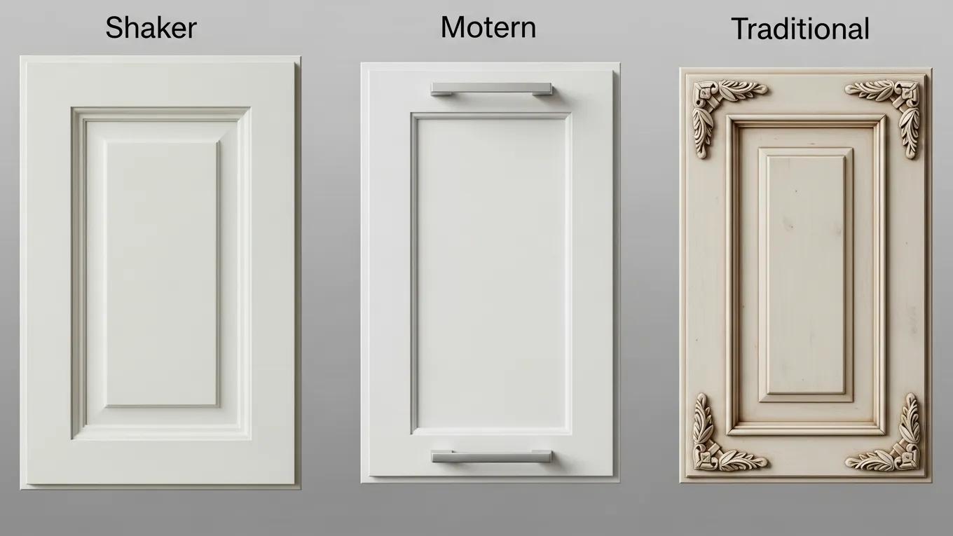 Comparison of Shaker, modern, and traditional kitchen cabinetry styles with distinct cabinet doors