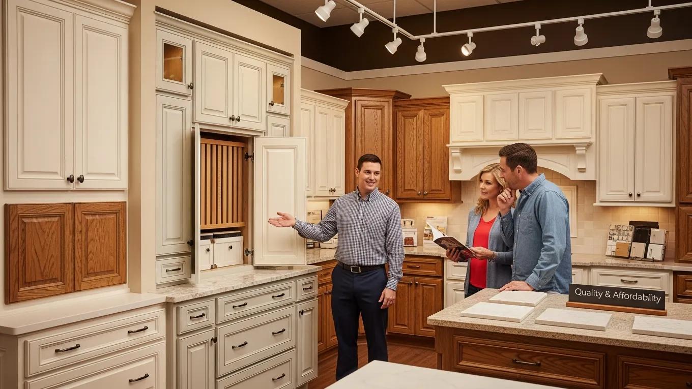 Display of affordable traditional kitchen cabinets with a salesperson assisting customers