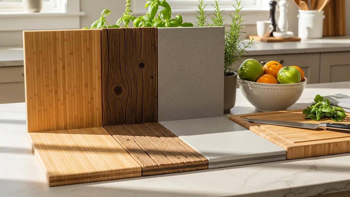 Display of eco-friendly countertop materials like bamboo and reclaimed wood in a kitchen setting