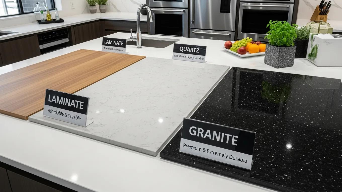 Display of laminate, quartz, and granite countertop materials in a kitchen setting