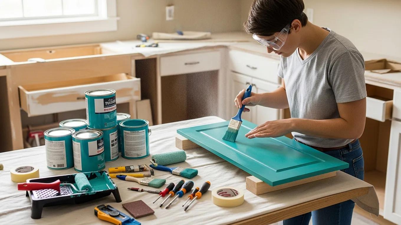 DIY enthusiast painting kitchen cabinet doors, illustrating practical renovation tips for homeowners