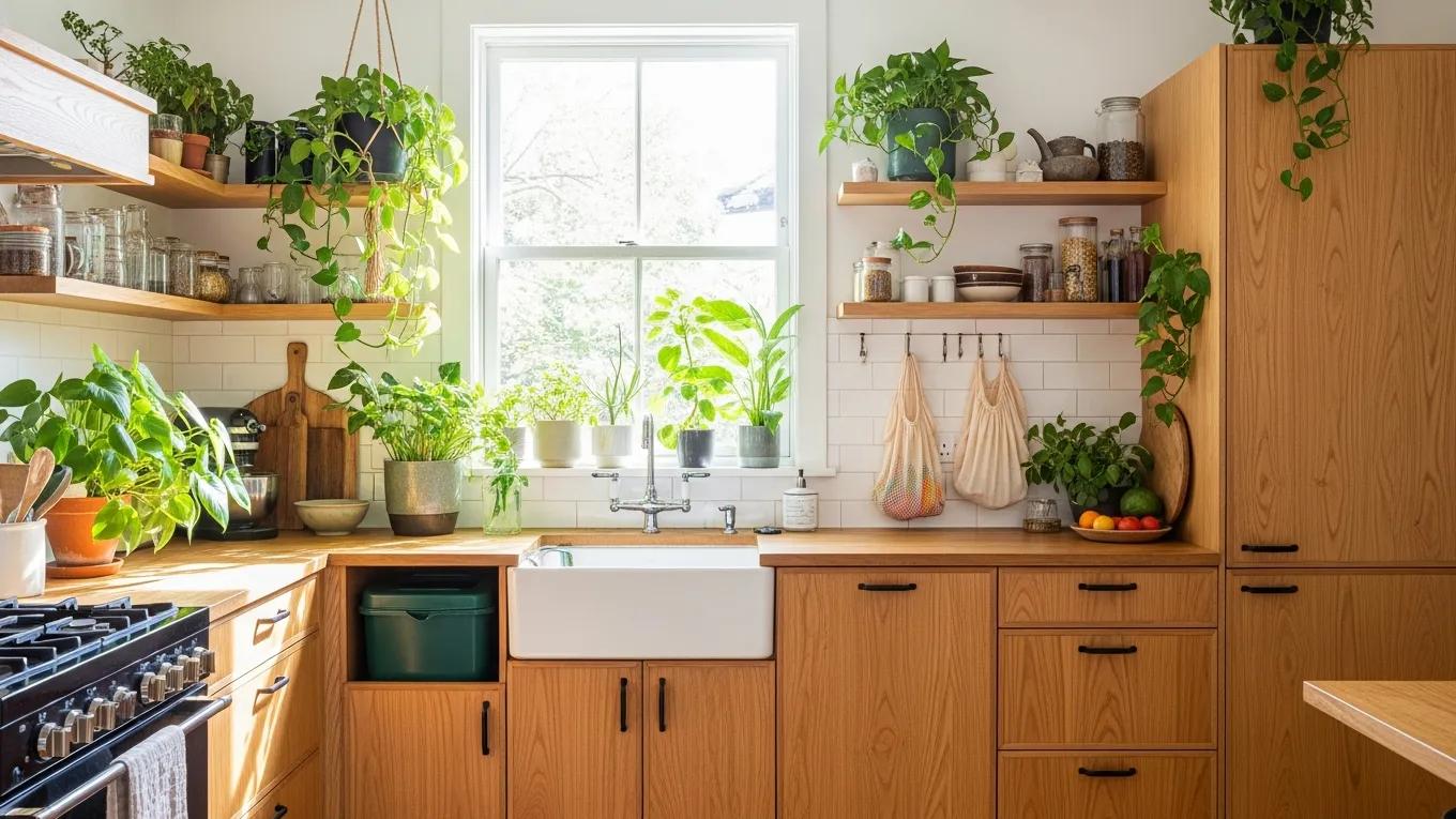Eco-friendly kitchen with sustainable solid wood cabinets surrounded by plants