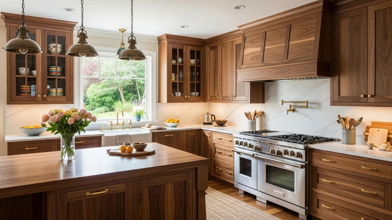 Elegant kitchen with solid wood cabinets showcasing natural beauty and unique grain patterns