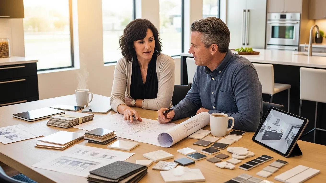 Homeowner and designer discussing kitchen design plans during a consultation