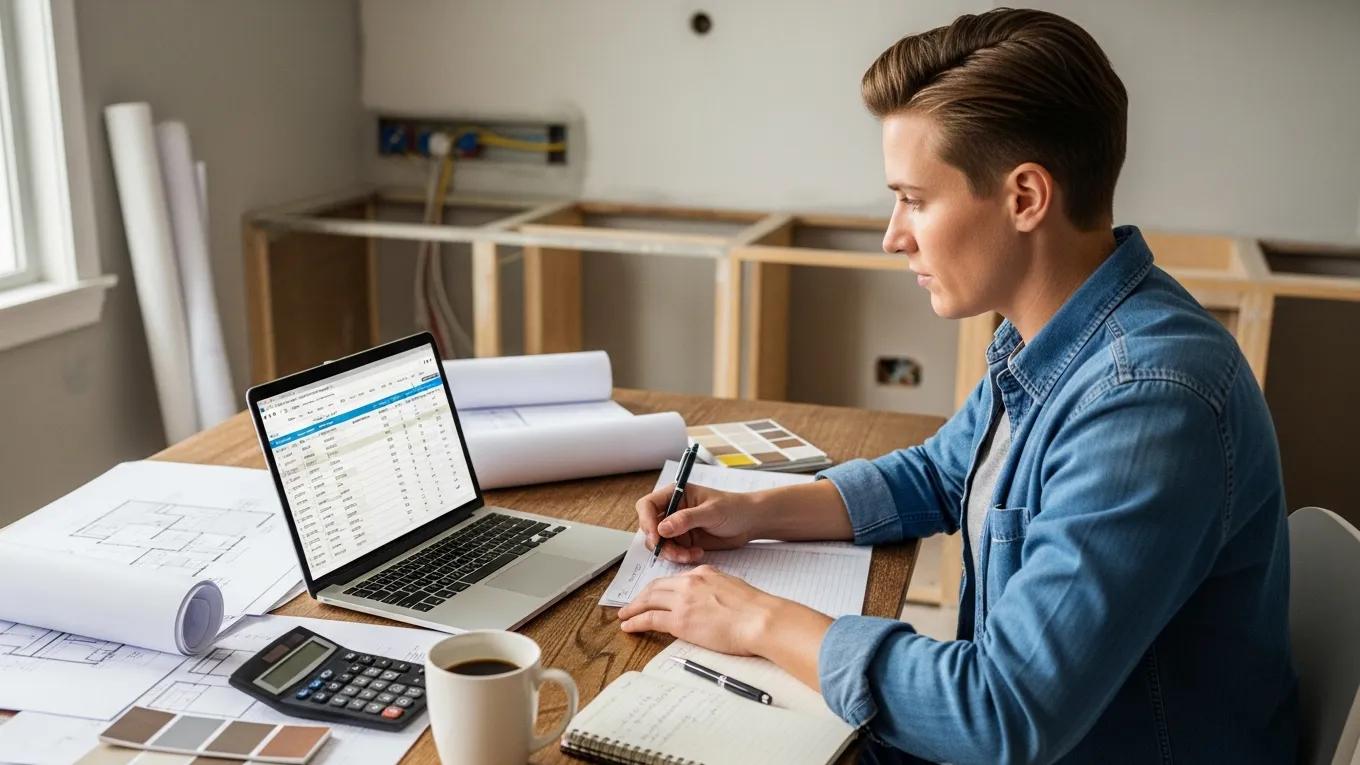 Homeowner reviewing kitchen renovation budget with plans and calculator