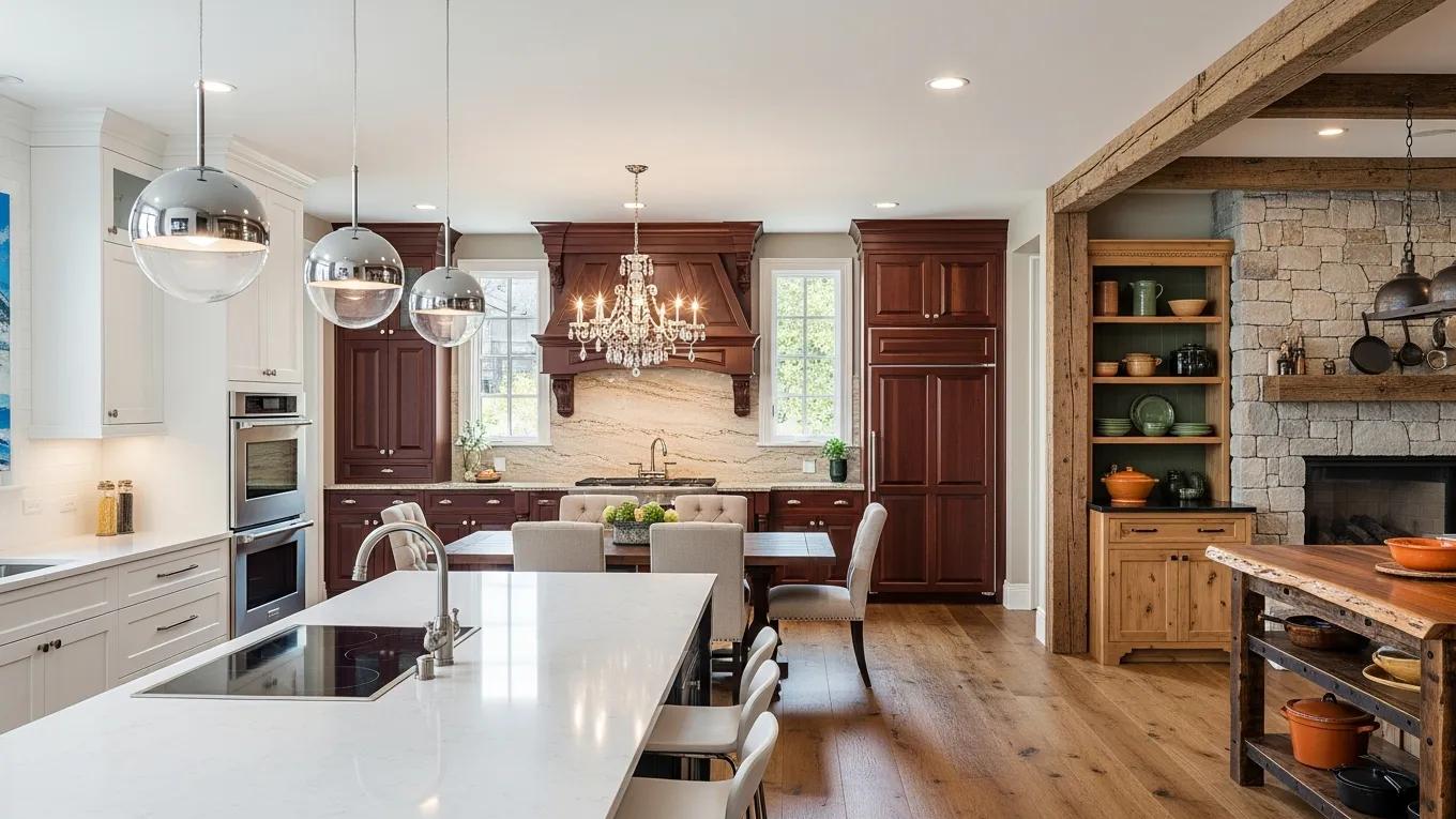 Kitchen showcasing modern, traditional, and rustic styles with corresponding countertop materials