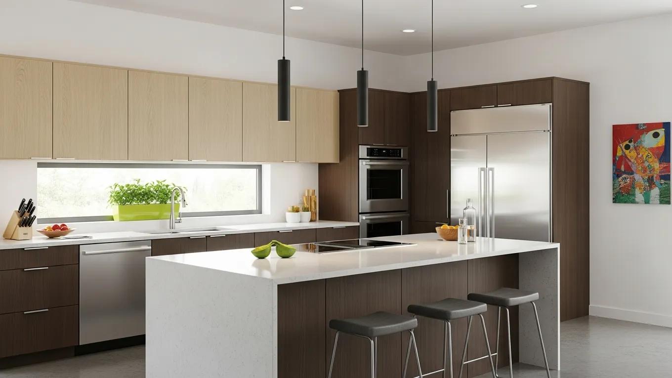 Modern kitchen with stylish particle board cabinets highlighting affordability and design