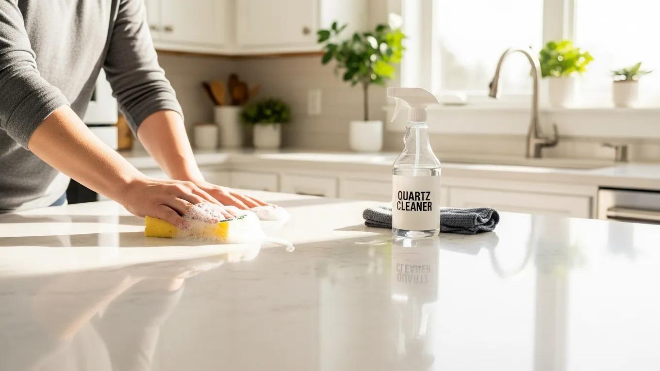 Person cleaning a quartz countertop, illustrating its low maintenance requirements