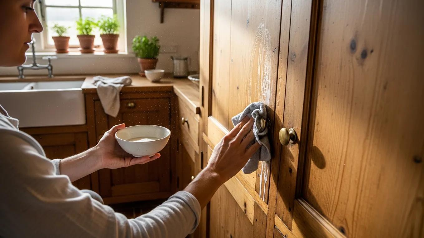 Person cleaning rustic kitchen cabinets with a soft cloth