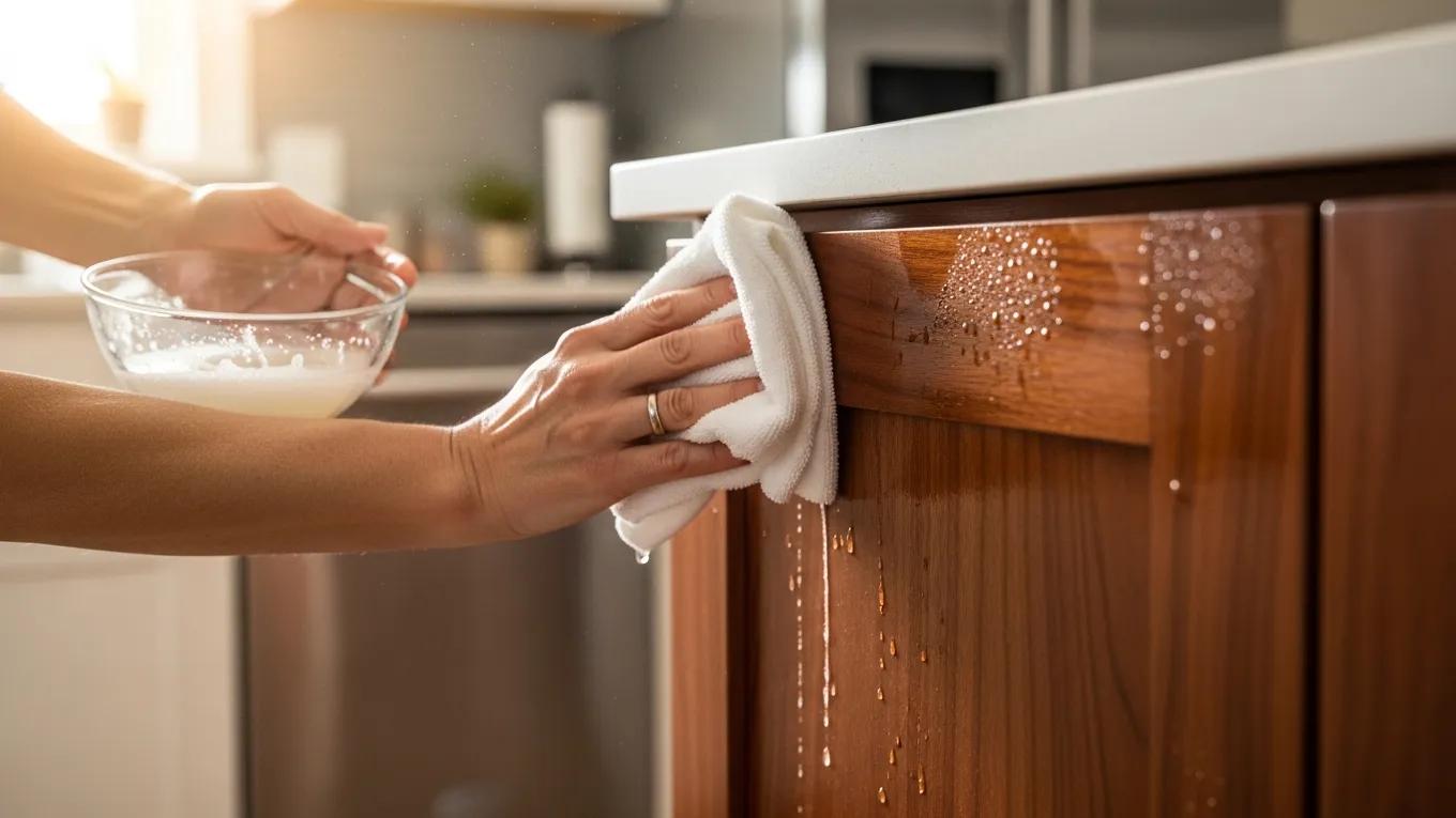 Person cleaning solid wood kitchen cabinets with a soft cloth