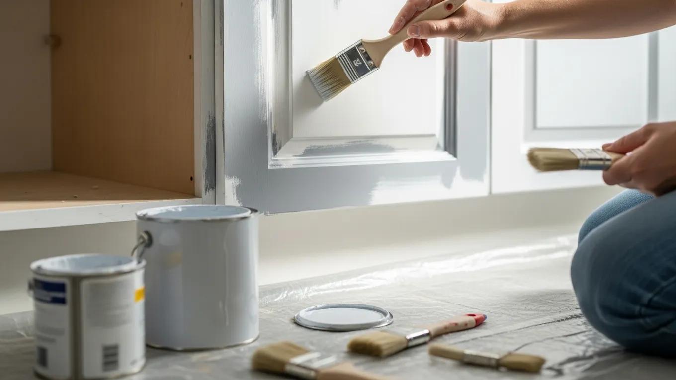 Person painting kitchen cabinets as part of a DIY renovation project
