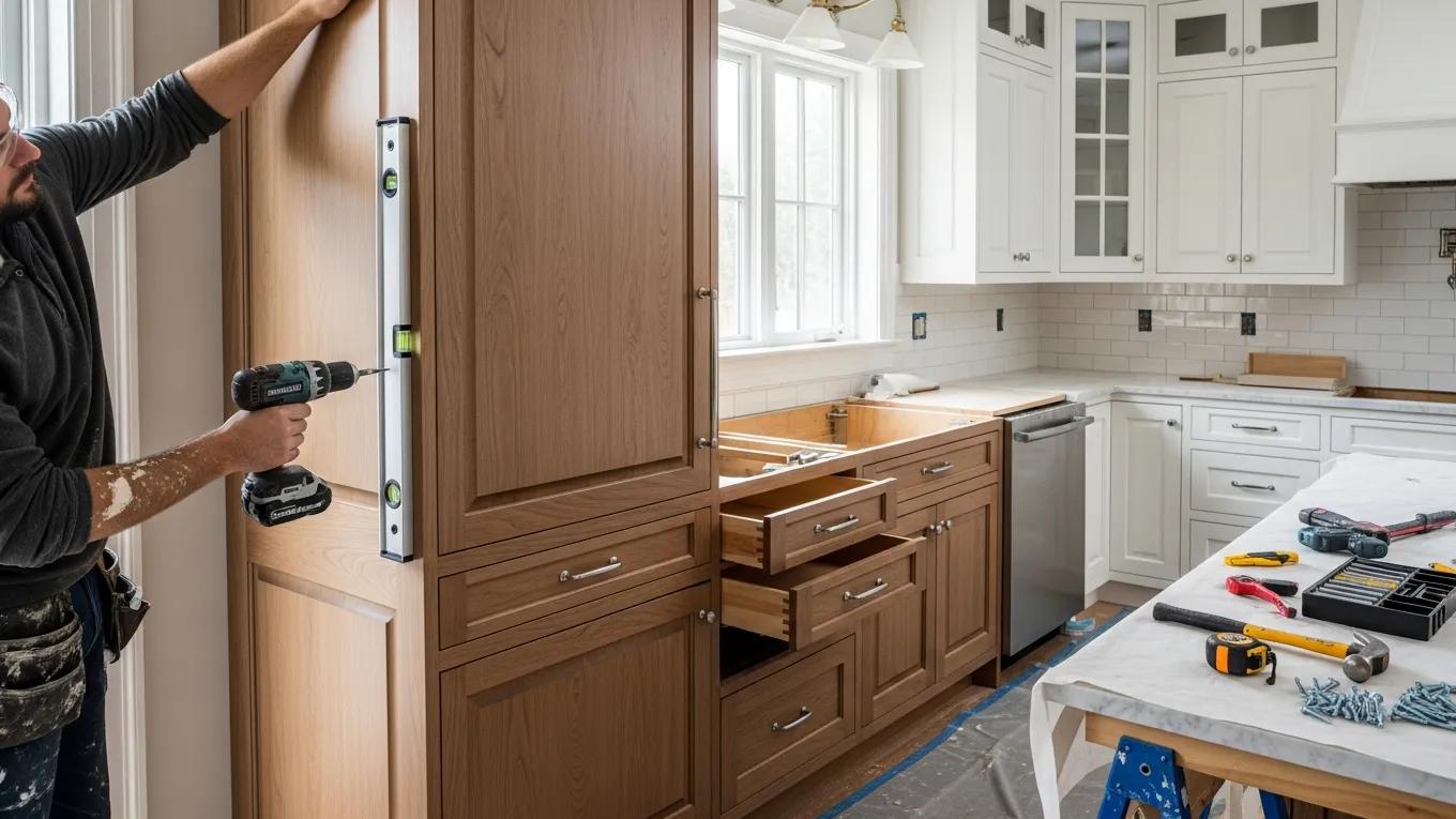 Professional installer aligning traditional wooden kitchen cabinets during installation