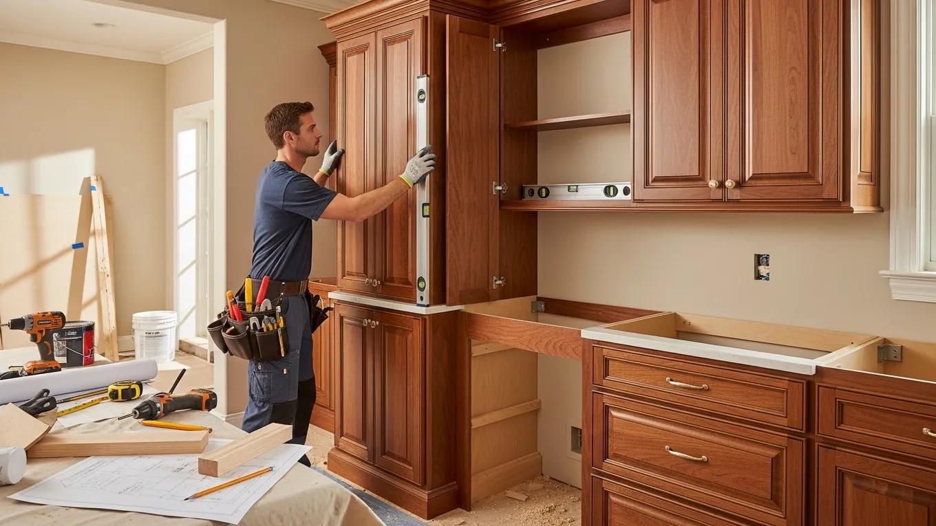 Professional installer fitting traditional cabinets, highlighting installation precision and care