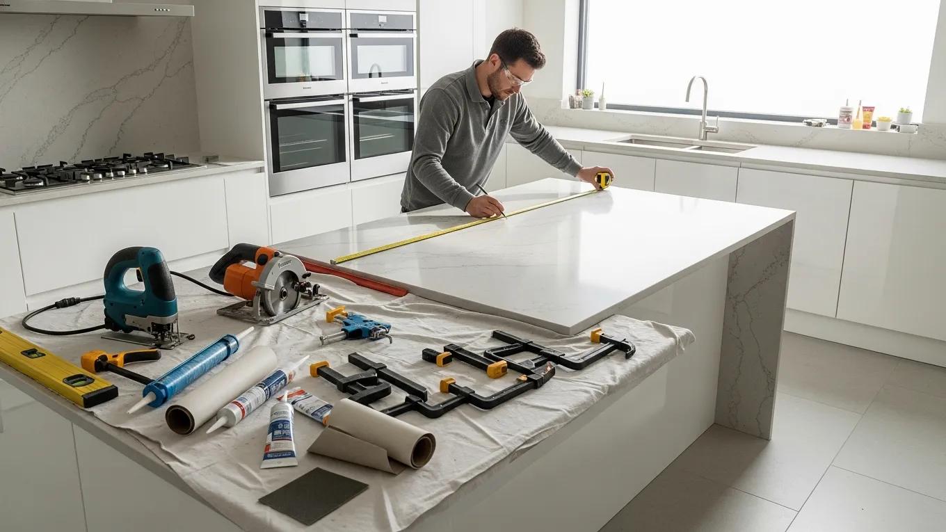 Professional installer measuring a custom kitchen countertop during the installation process