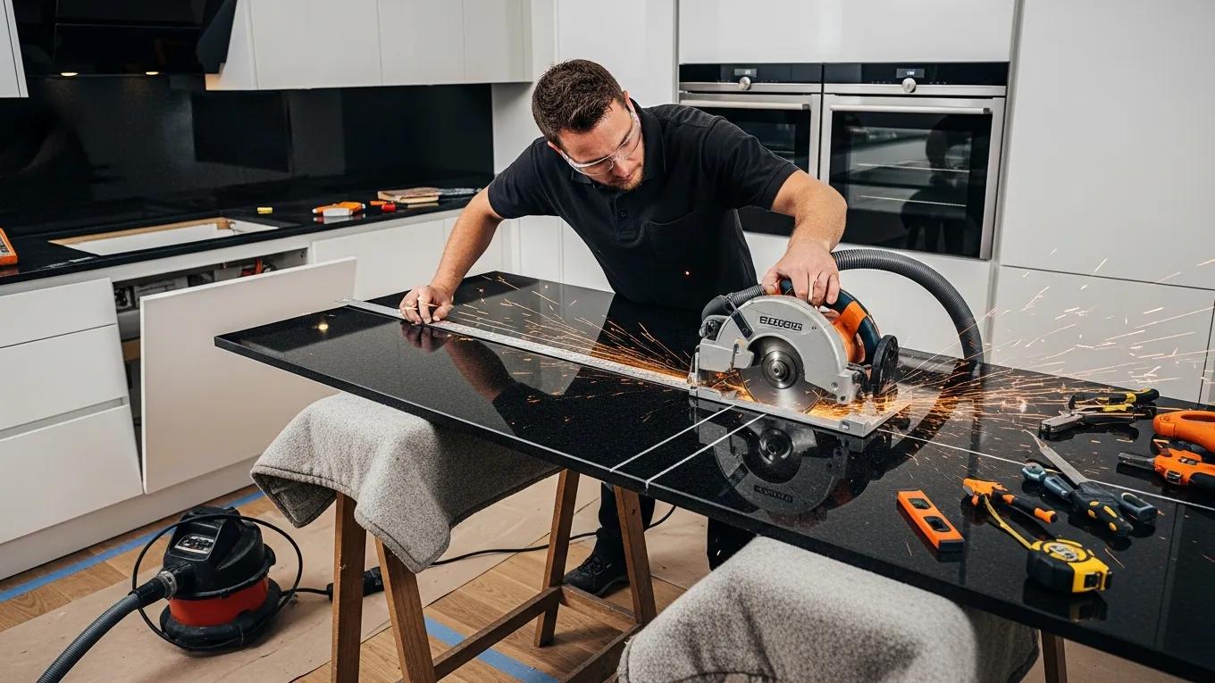 Professional installer measuring and cutting a granite countertop in a kitchen