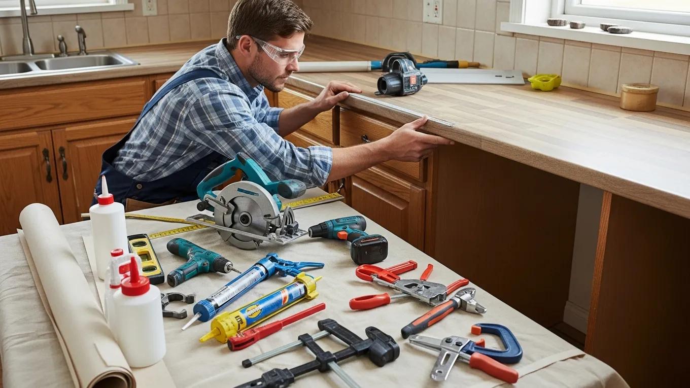 Professional installer working on kitchen countertop installation with tools and materials