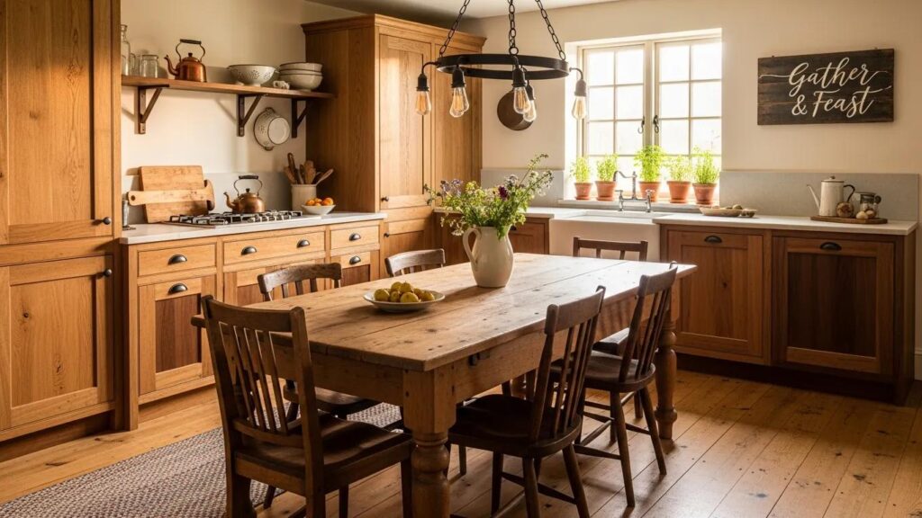 Rustic kitchen with wooden cabinets and cozy decor