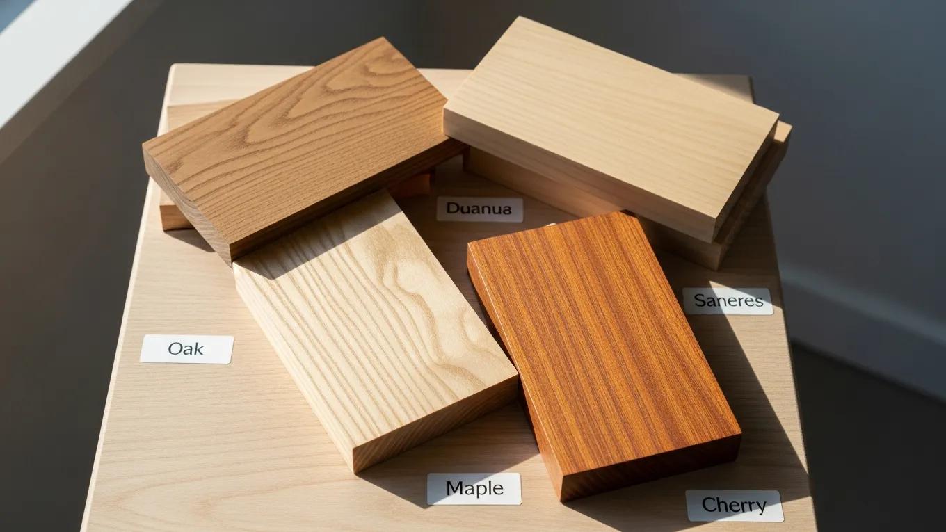 Samples of oak, maple, and cherry wood used for kitchen cabinets