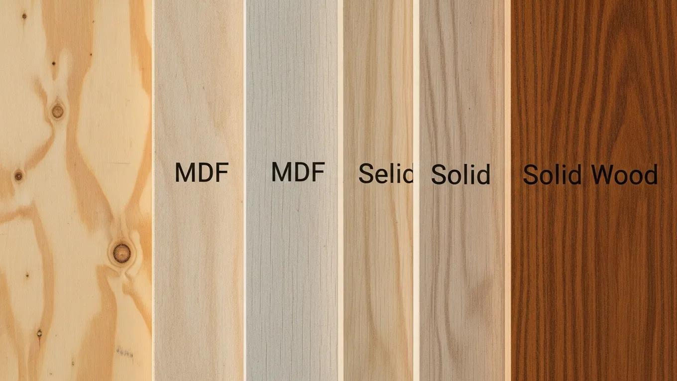 Samples of plywood, MDF, and solid wood materials for custom kitchen cabinets