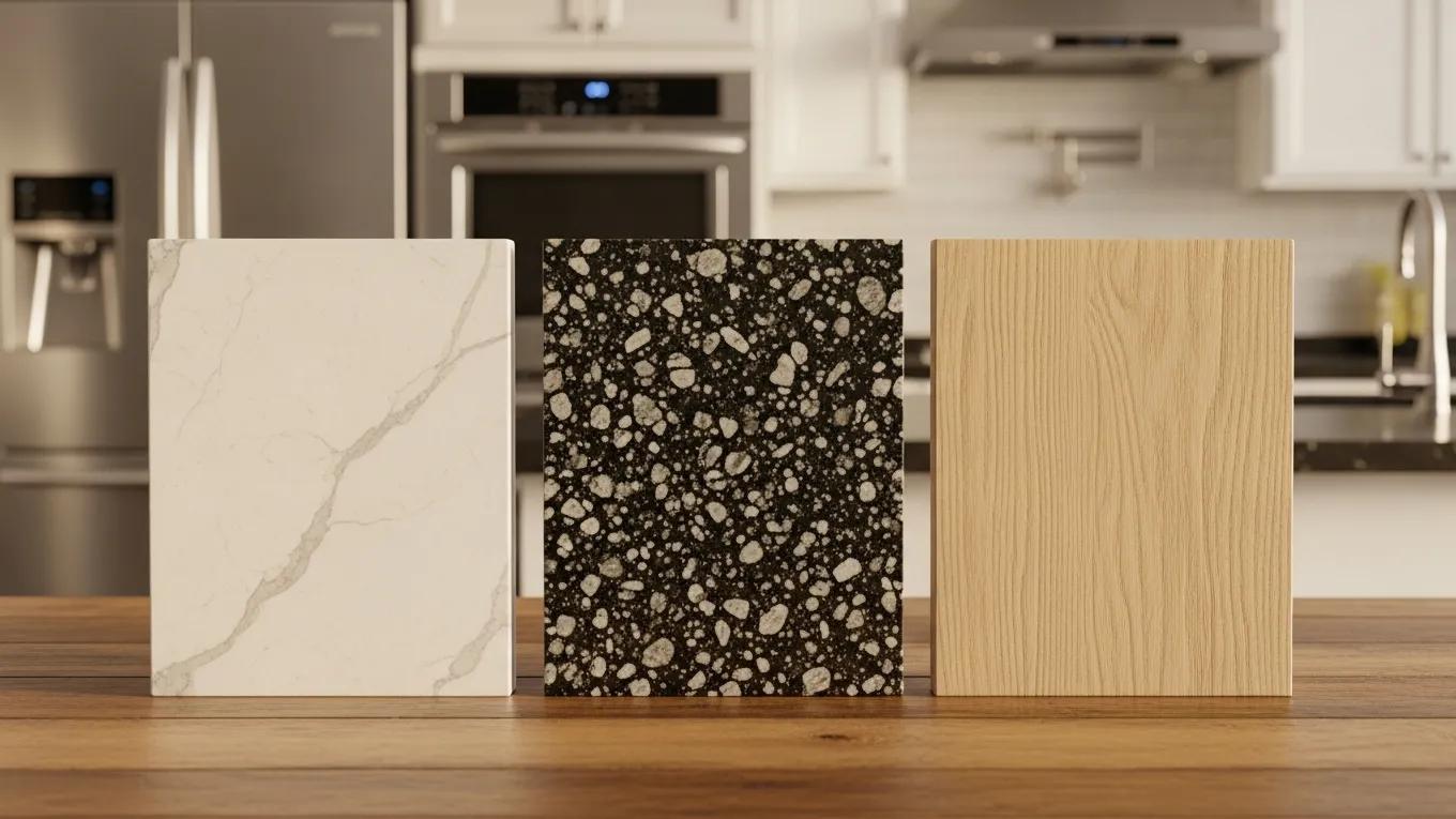 Samples of quartz, granite, and laminate kitchen countertops highlighting their unique textures and colors