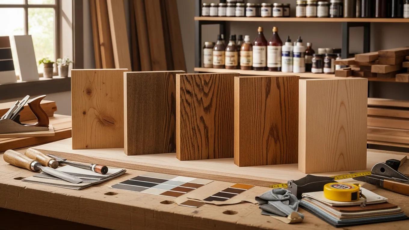 Samples of rustic cabinet materials: pine, oak, and maple