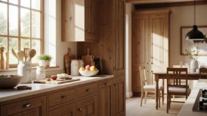 Solid wood kitchen cabinets in a warm, inviting kitchen setting