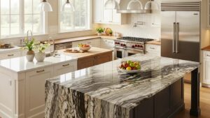 Stylish kitchen featuring a variety of countertop materials including granite and quartz