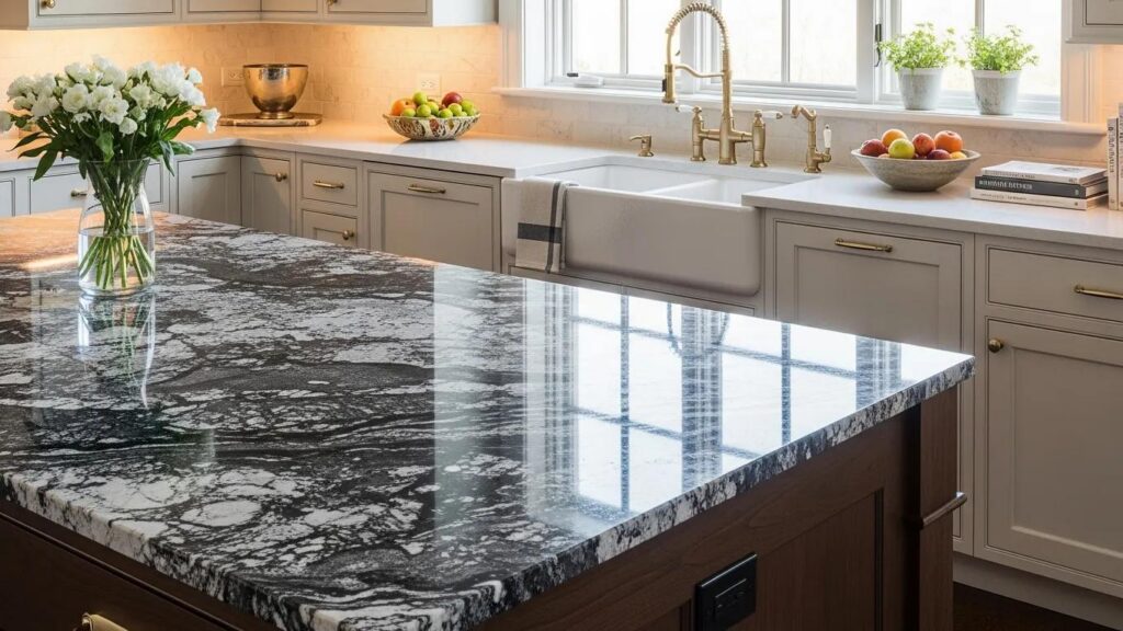 Stylish kitchen featuring granite and quartz countertops, showcasing their textures and colors
