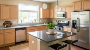 Stylish kitchen with budget-friendly countertops showcasing laminate, quartz, and granite options