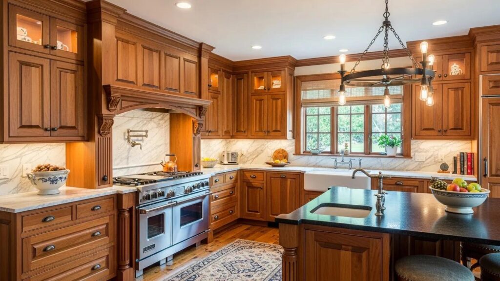 Traditional kitchen with elegant wooden cabinets showcasing timeless design and craftsmanship