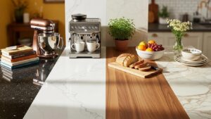 Variety of kitchen countertop materials including granite, quartz, laminate, and marble in a bright kitchen setting