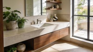 Modern bathroom vanity with quartz countertop and stylish decor