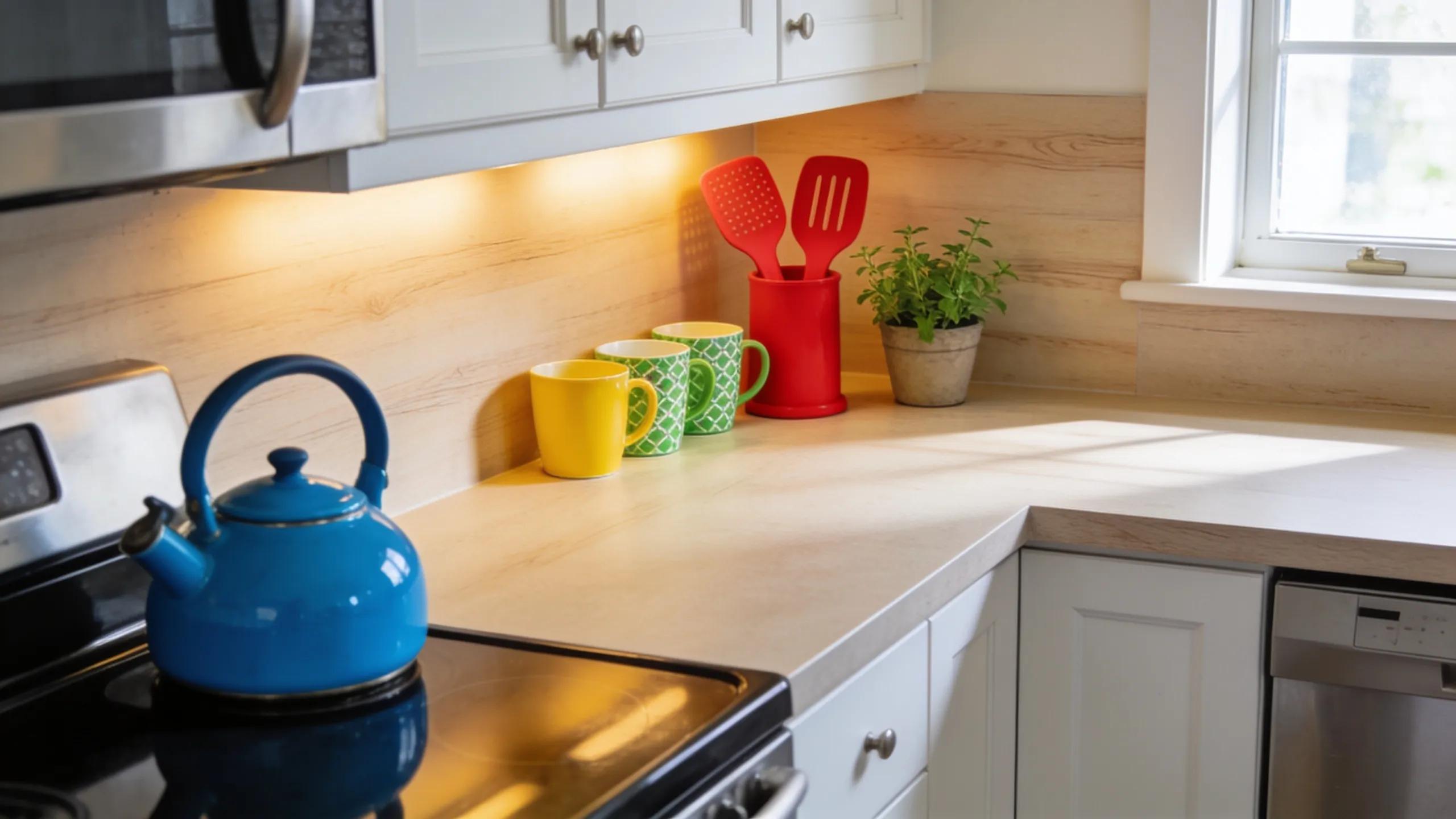 Modern kitchen with laminate countertops showcasing affordability and style