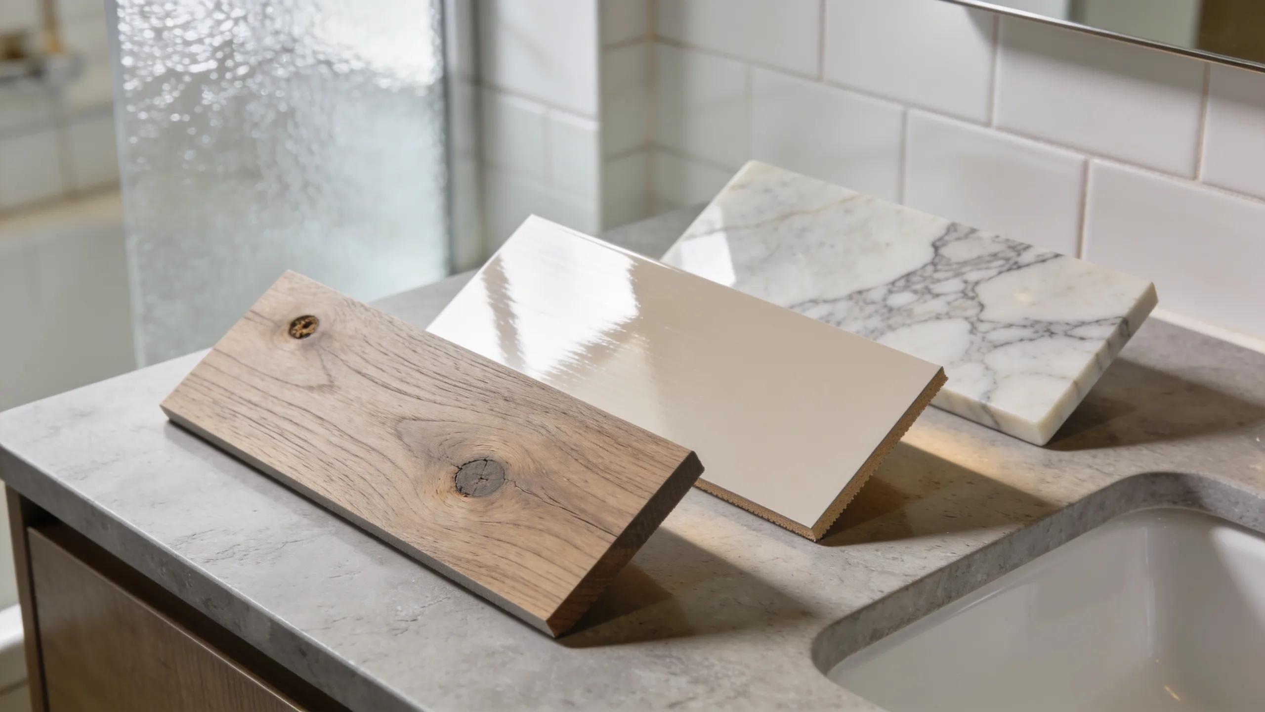 Display of bathroom vanity materials including wood, laminate, and quartz