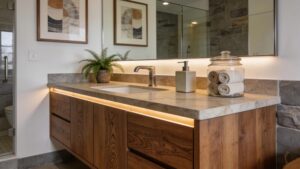 Custom bathroom vanity in a modern setting showcasing elegant materials and craftsmanship