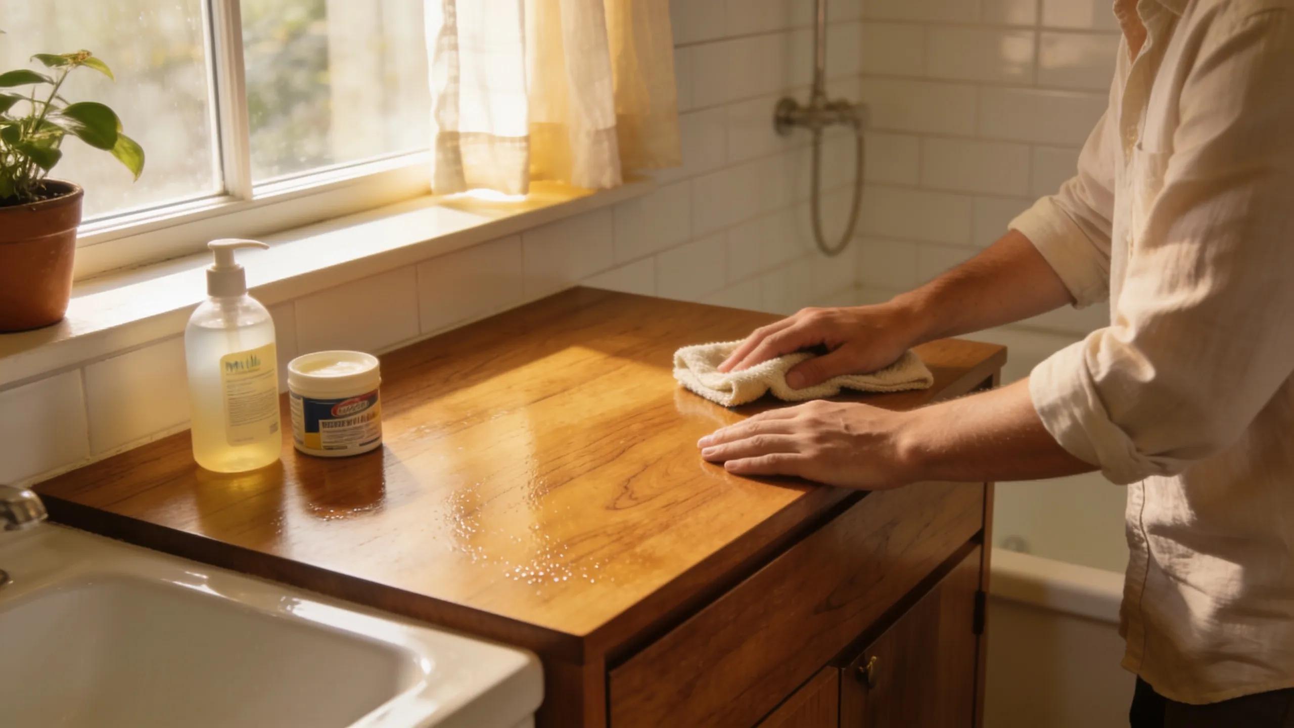 Person cleaning a solid wood bathroom vanity with maintenance products in a bright bathroom setting