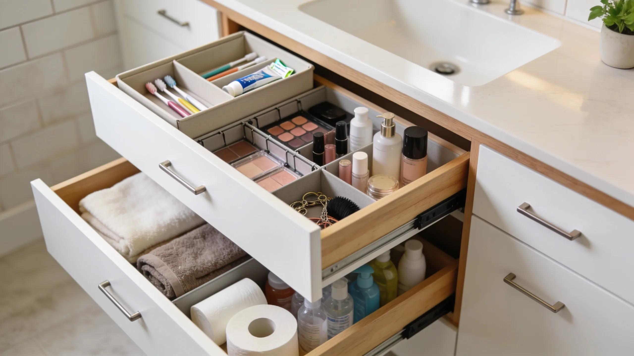 Organized custom bathroom vanity showcasing tailored storage solutions and functionality