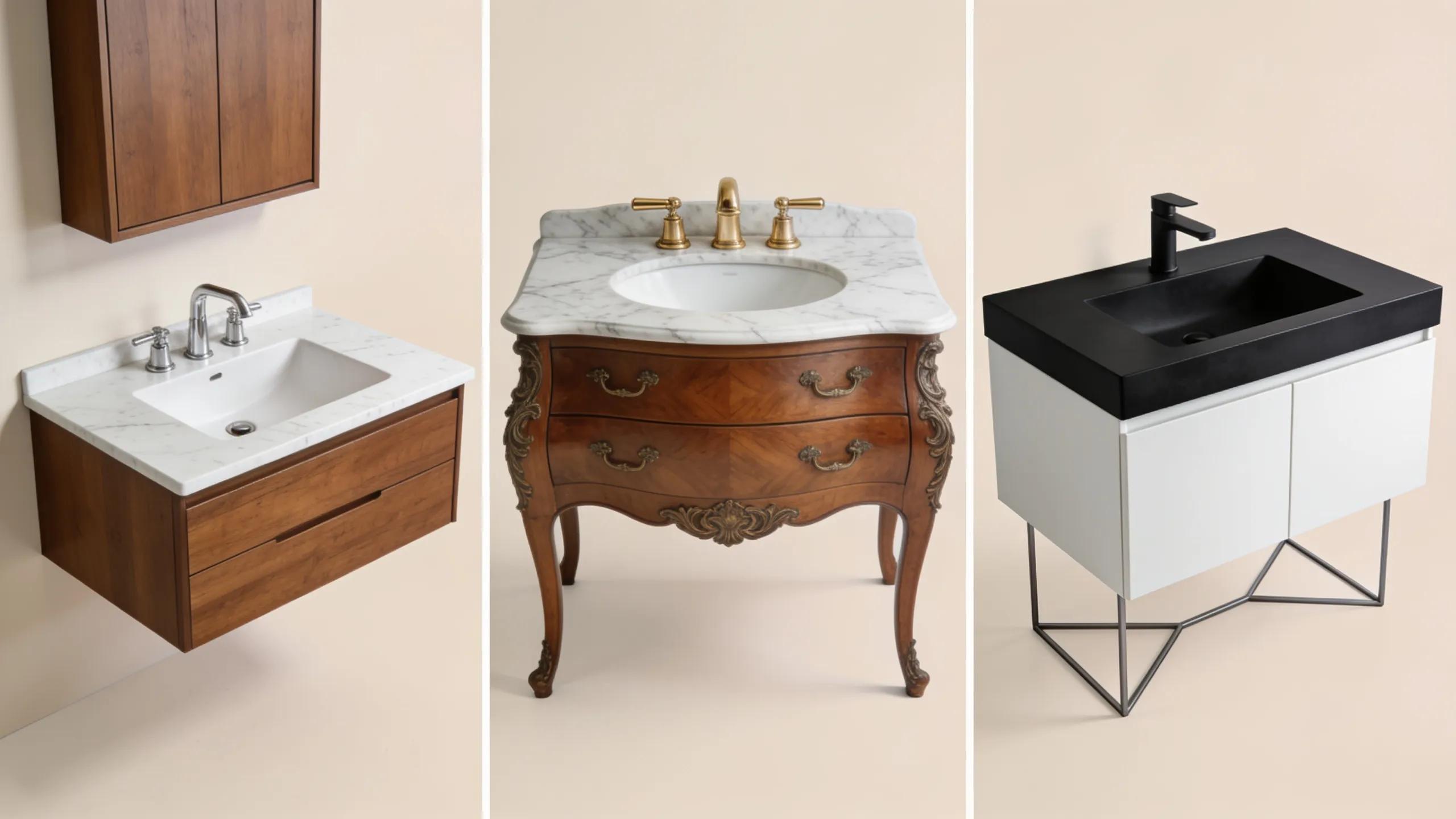Collage of different bathroom vanity styles showcasing modern and traditional designs