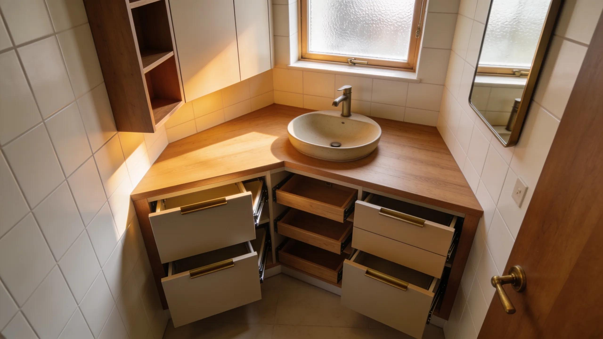 Custom bathroom vanity optimizing space with innovative storage solutions