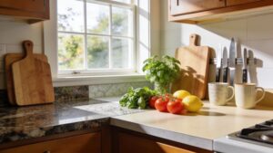 Stylish kitchen with diverse countertops highlighting granite, quartz, and laminate options