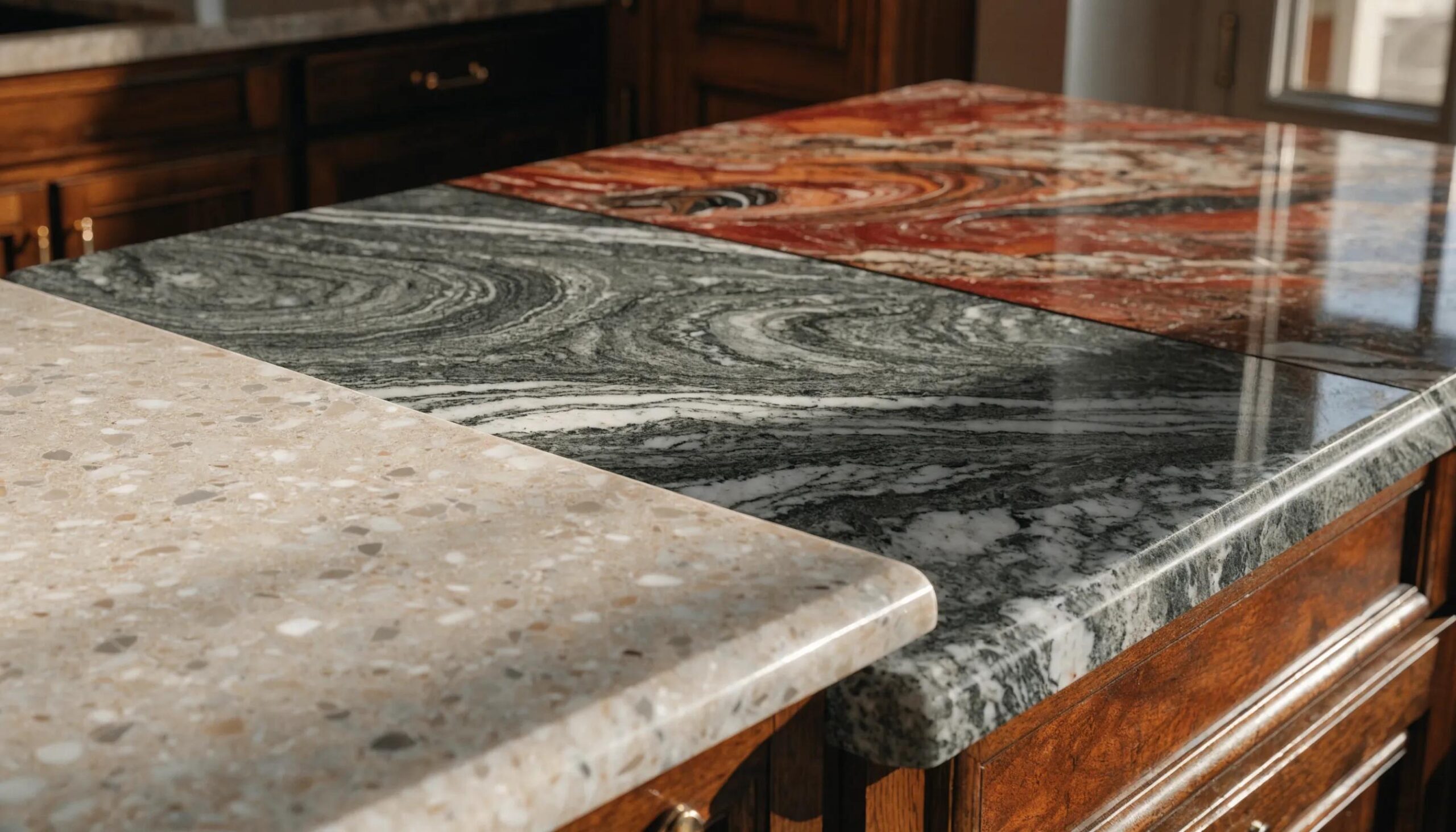 Close-up of quartz, granite, and laminate kitchen countertop materials showcasing their textures and colors