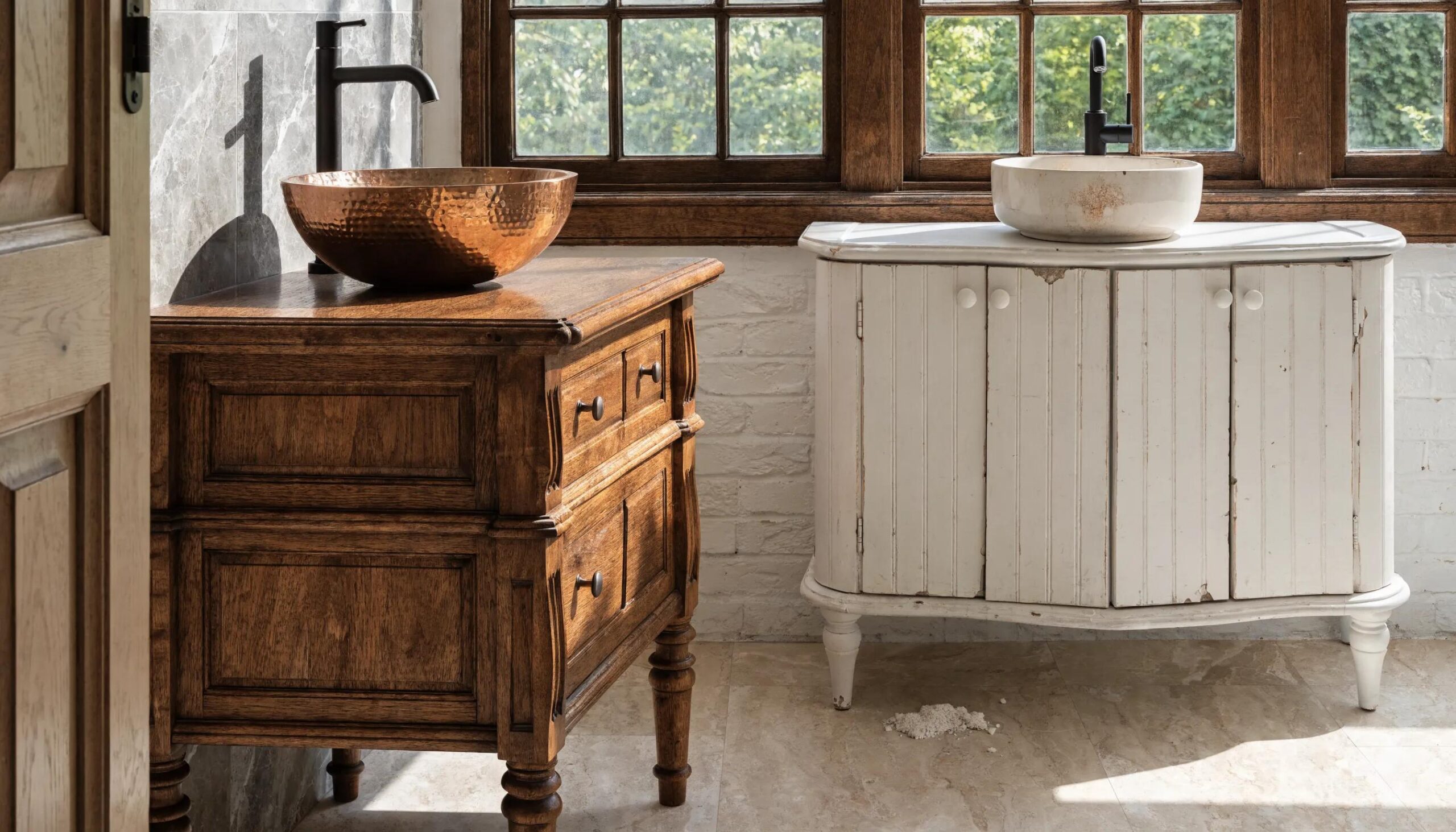 Comparison of solid wood and MDF bathroom vanities highlighting durability differences